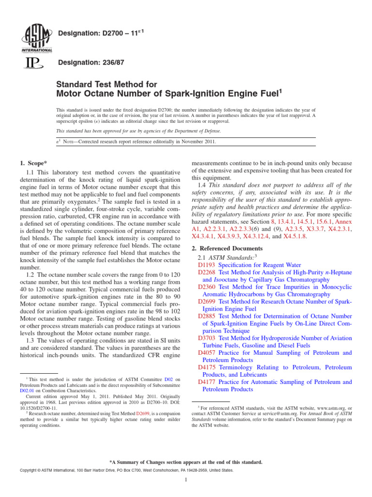 D2700, Standard Test Method For Motor Octane Number of Spark-Ignition ...