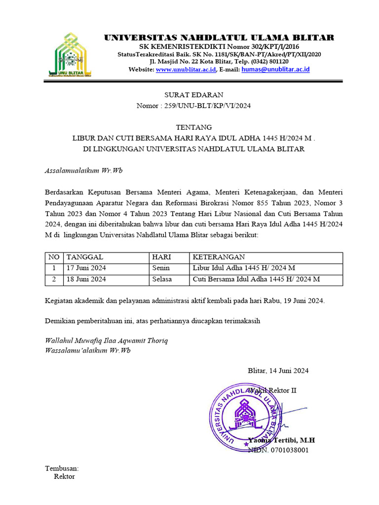 Pemberitahuan Libur Dan Cuti Bersama Idul Adha 1445 H Pdf