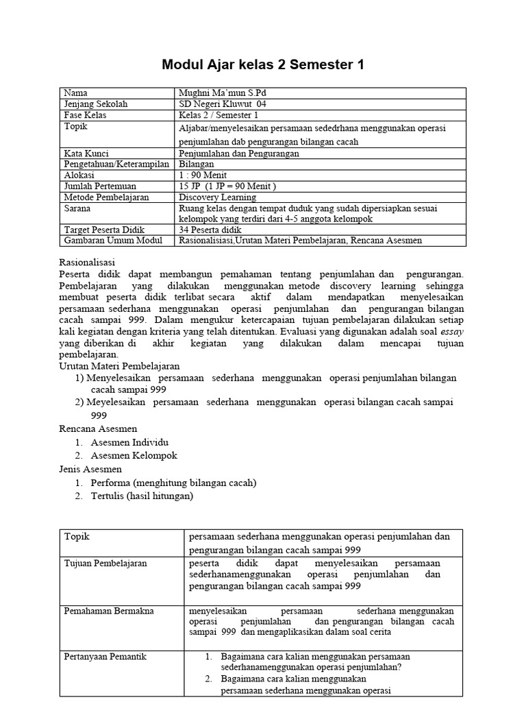 Modul Ajar Matematika Kelas 2 SD | PDF | Karier & Perkembangan | Metode ...