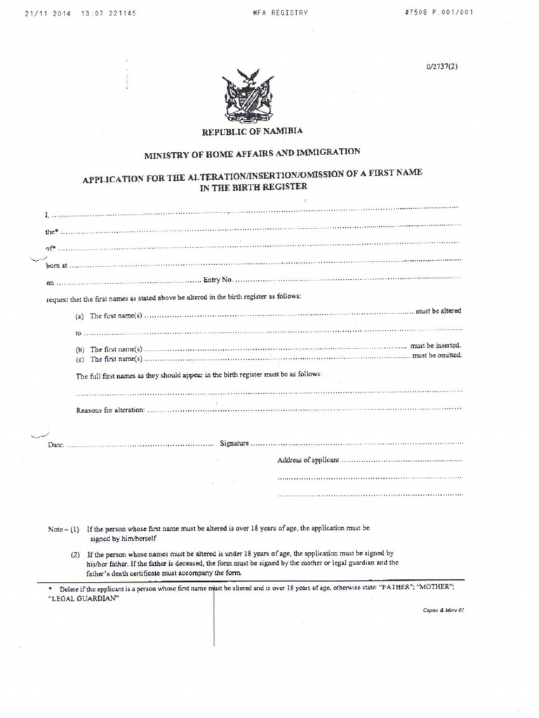 Application For The Alterationinsertionomission of A First Name in ...