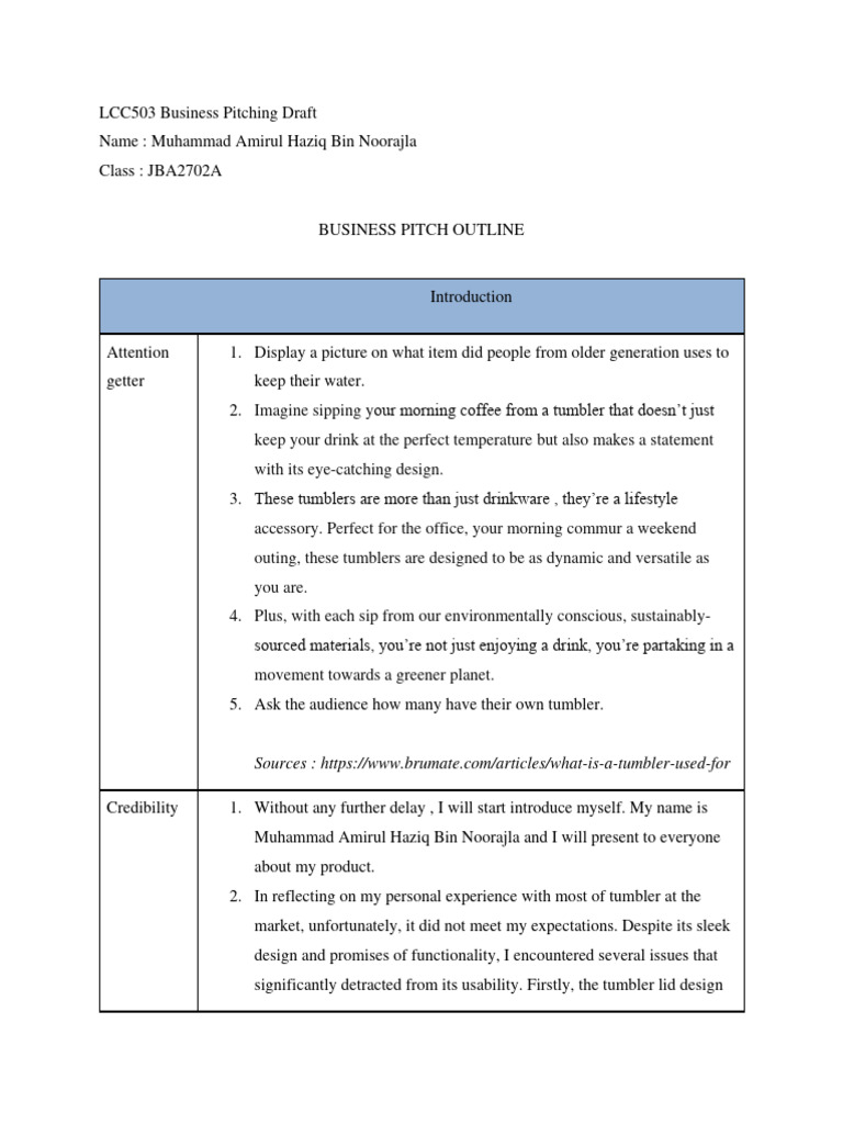 LCC503 Business Pitch Draft by Muhammad Amirul Haziq | PDF | Mug