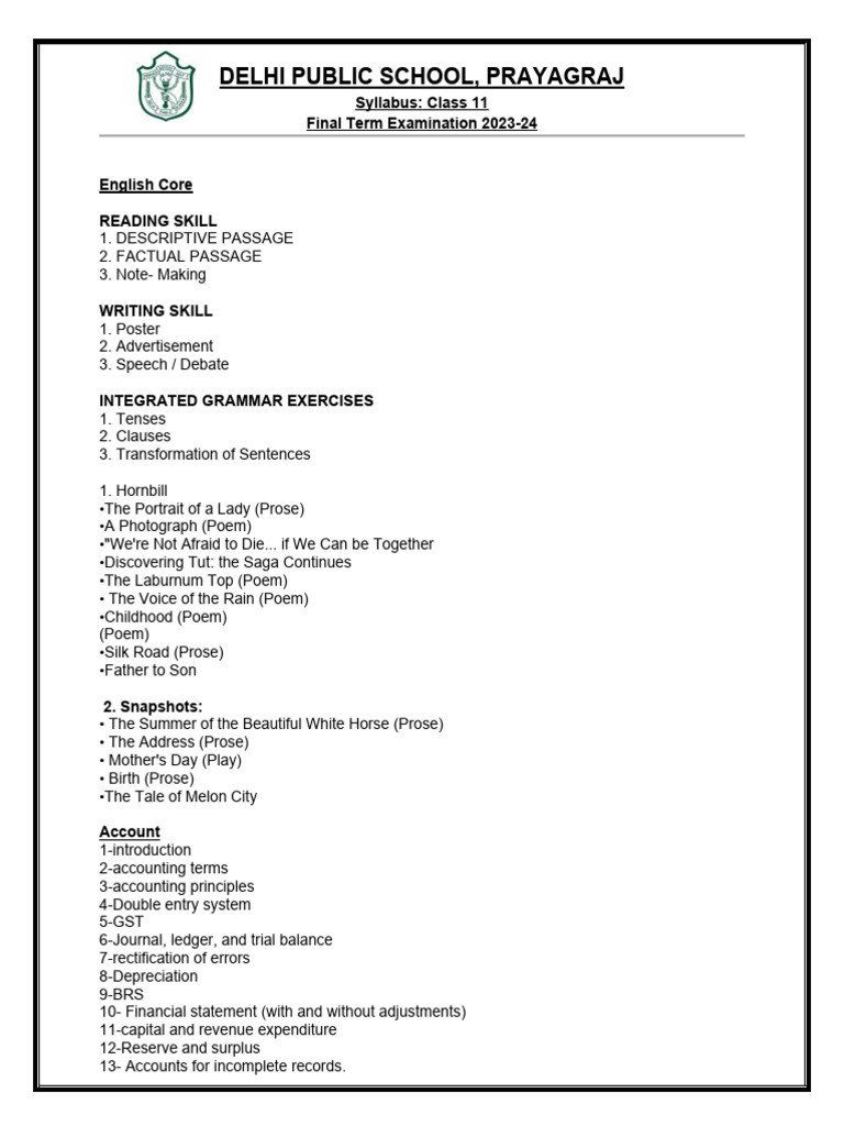 Syllabus final class 11 202324 1 pdf mathematics economics