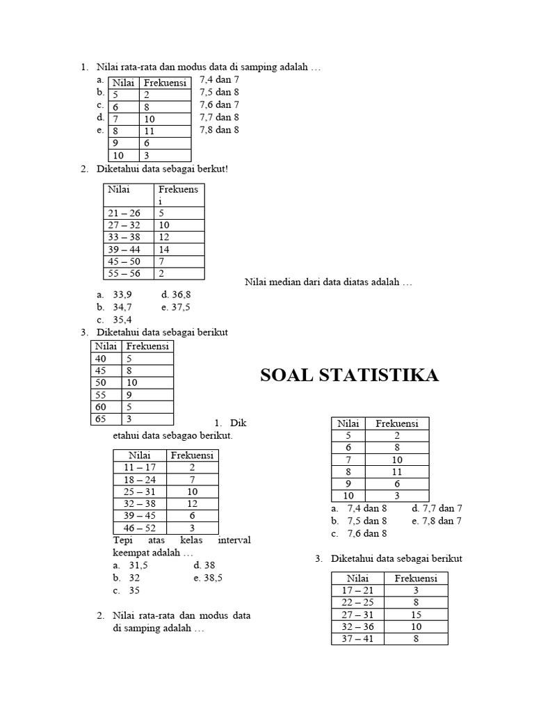 Soal Statistik: Rata-rata, Median, Modus | PDF | Metode & Bahan Ajar