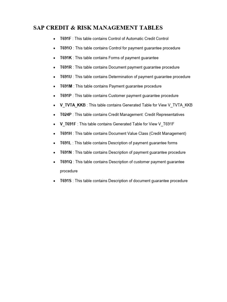 SAP Credit and Risk Management Tables | PDF