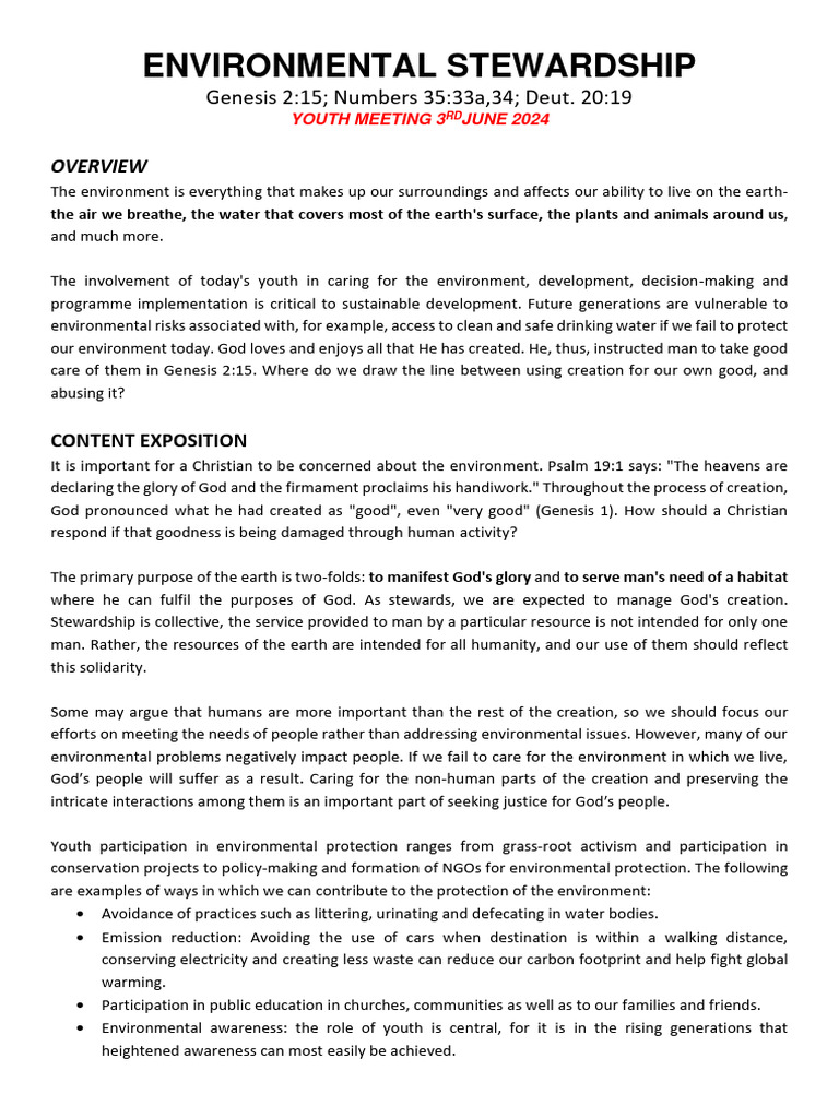 Environmental Stewardship 3rd June 2024 | PDF | Genesis Creation ...