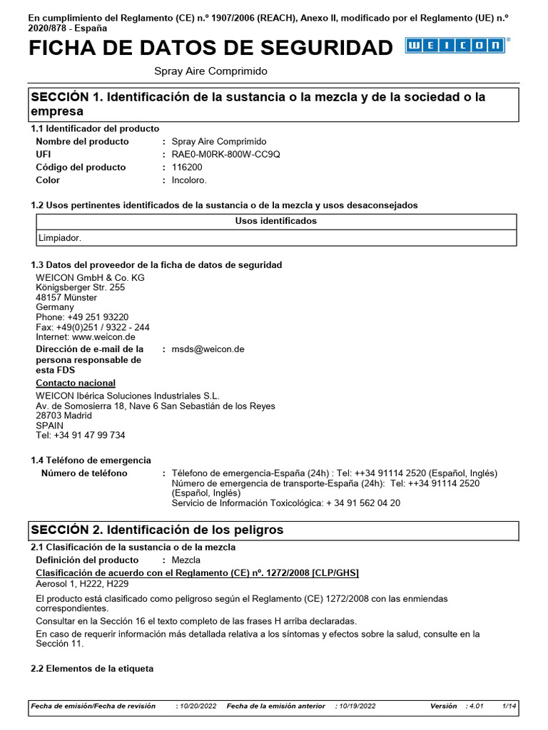 MSDS 116200 ES ES CompressedAir Spray Descargar gratis PDF Agua Ventilación