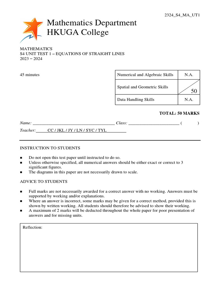 S4 Math Unit Test 1: Straight Lines | PDF | Line (Geometry ...