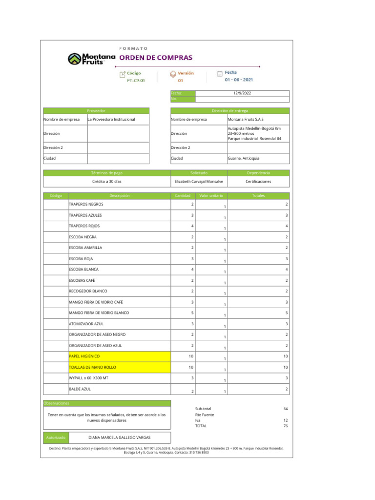Ft-cp-01 Formato Orden de Compras v1 | PDF