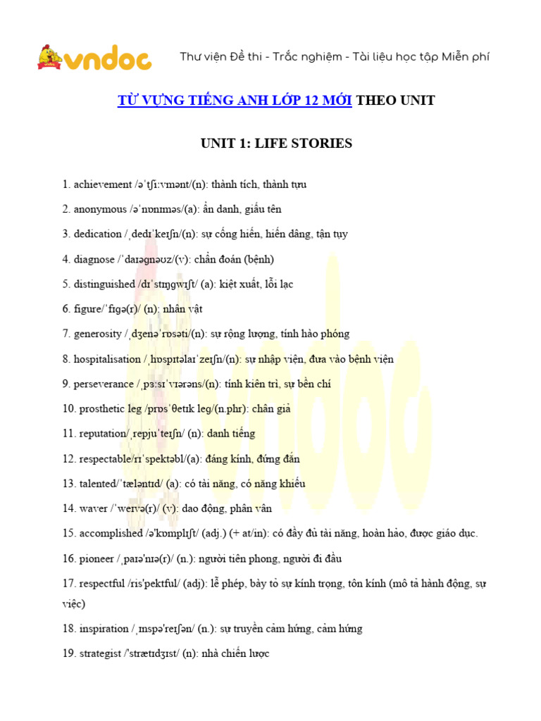 Tu Vung Tieng Anh Lop 12 Unit 1 Life Stories | PDF