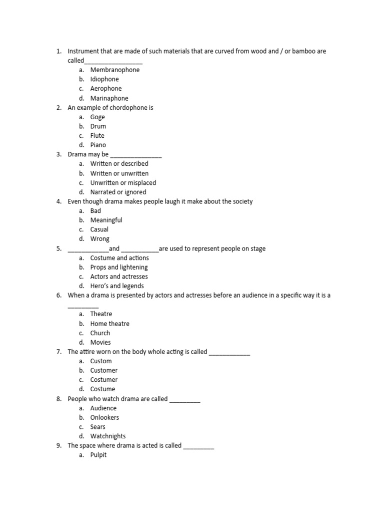 Practice Questions | PDF | Musical Instruments | Performing Arts