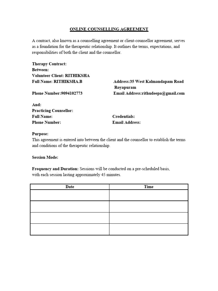 Online Counselling Agreement PDF Counseling Psychology Online And