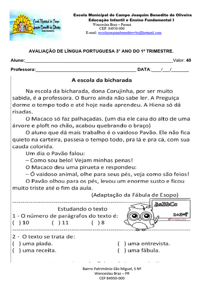 Avaliação de Português 3º Ano - 1º Trimestre | PDF