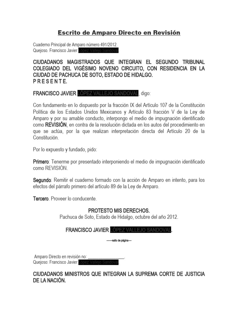 Escrito de Amparo Directo en Revisión | PDF | Debido al proceso | Caso ...