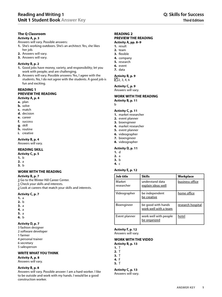 Reading and Writing 1 Answer Key | PDF | Patient