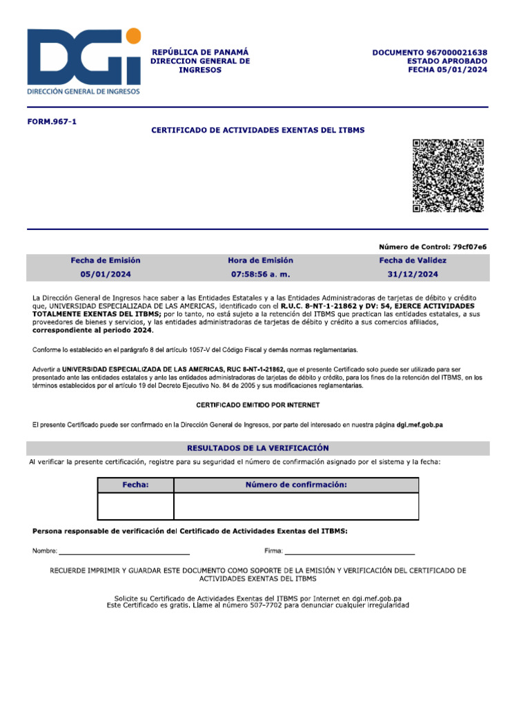 Certificado De Actividades Exentas Del Itbms Pdf