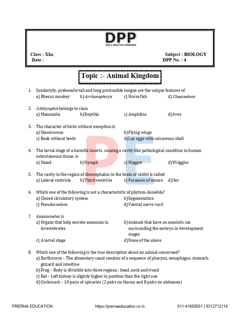 Animal Kingdom DPP 4 | PDF | Biology | Zoology