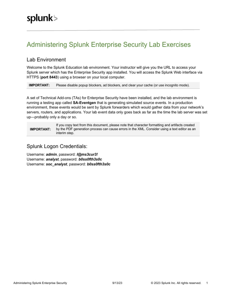 Splunk 9.x Enterprise Security Lab Guide | PDF | World Wide Web ...