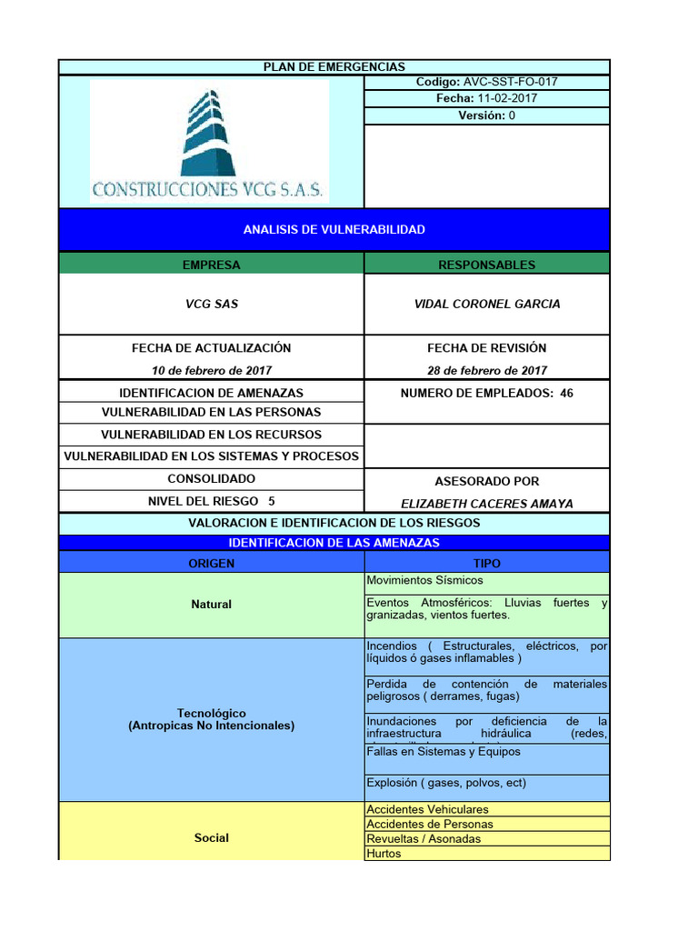 Plan de Emergencias y Vulnerabilidades VCG SAS | PDF | Riesgo | Inundar