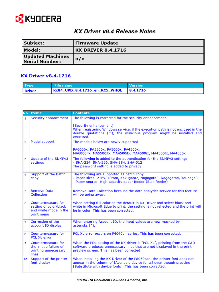 KX Driver v8.4 Release Notes Summary | PDF | Printer (Computing ...