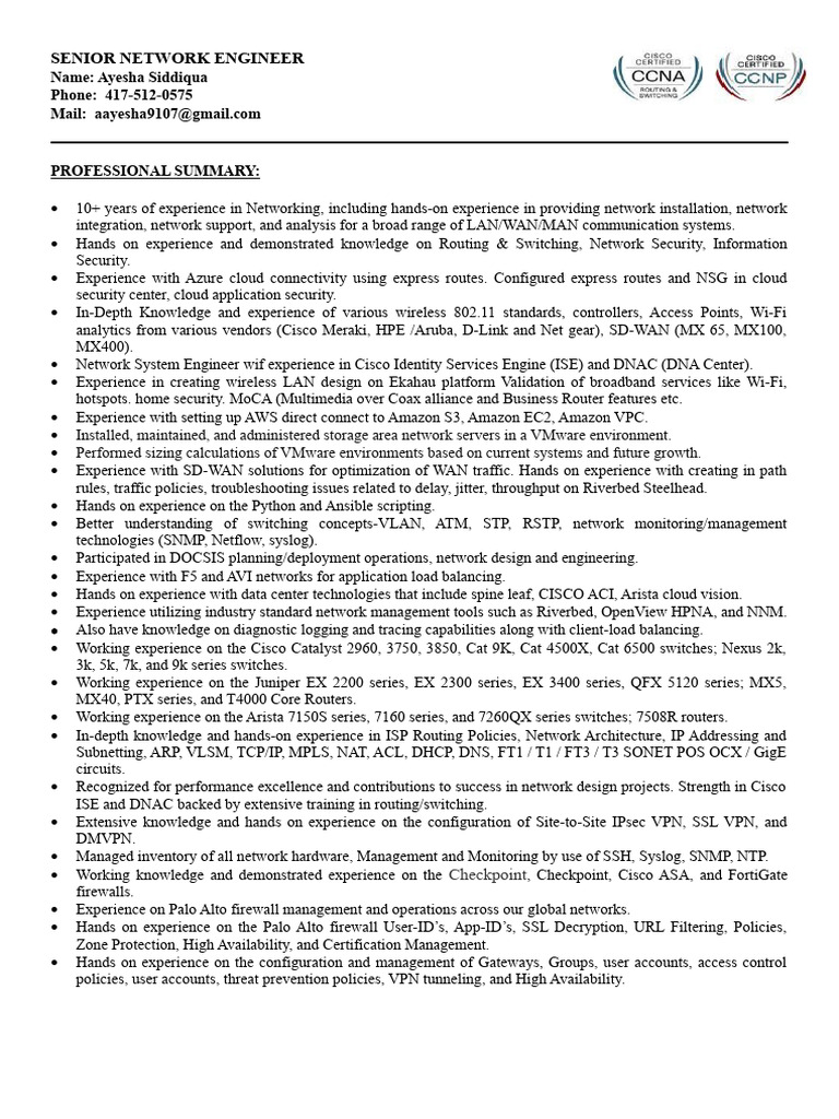 Senior Network Engineer Resume Summary | PDF | Computer Network ...