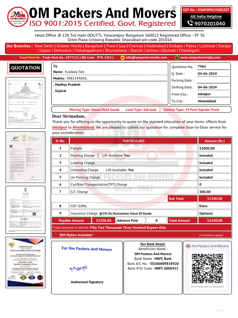 Quotation for Household Relocation Services | PDF | Insurance | Economies