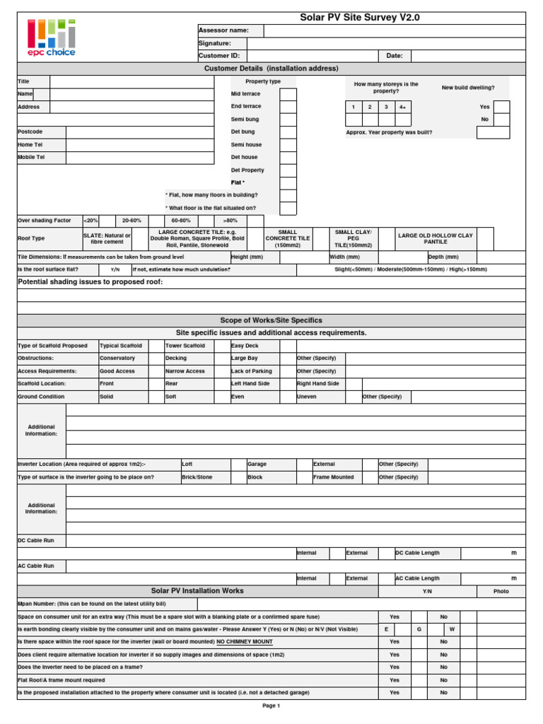 Solar PV Installation Site Survey Form | PDF | Roof | Scaffolding