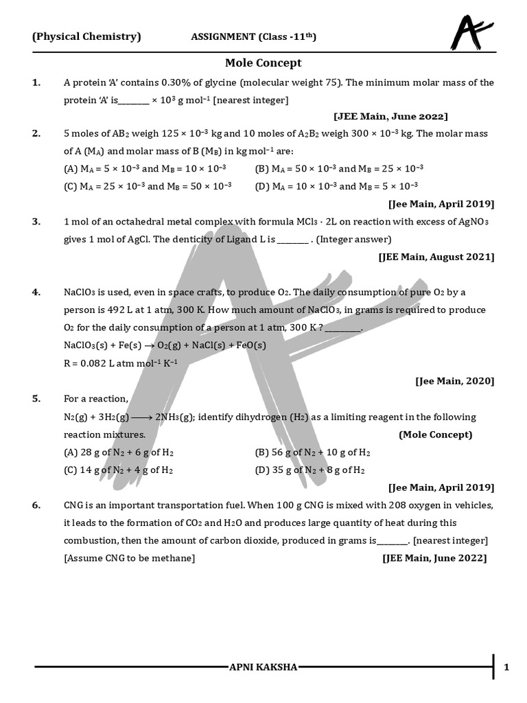 Mole Concept Jee Main Selected Pdf Mole Unit Concentration