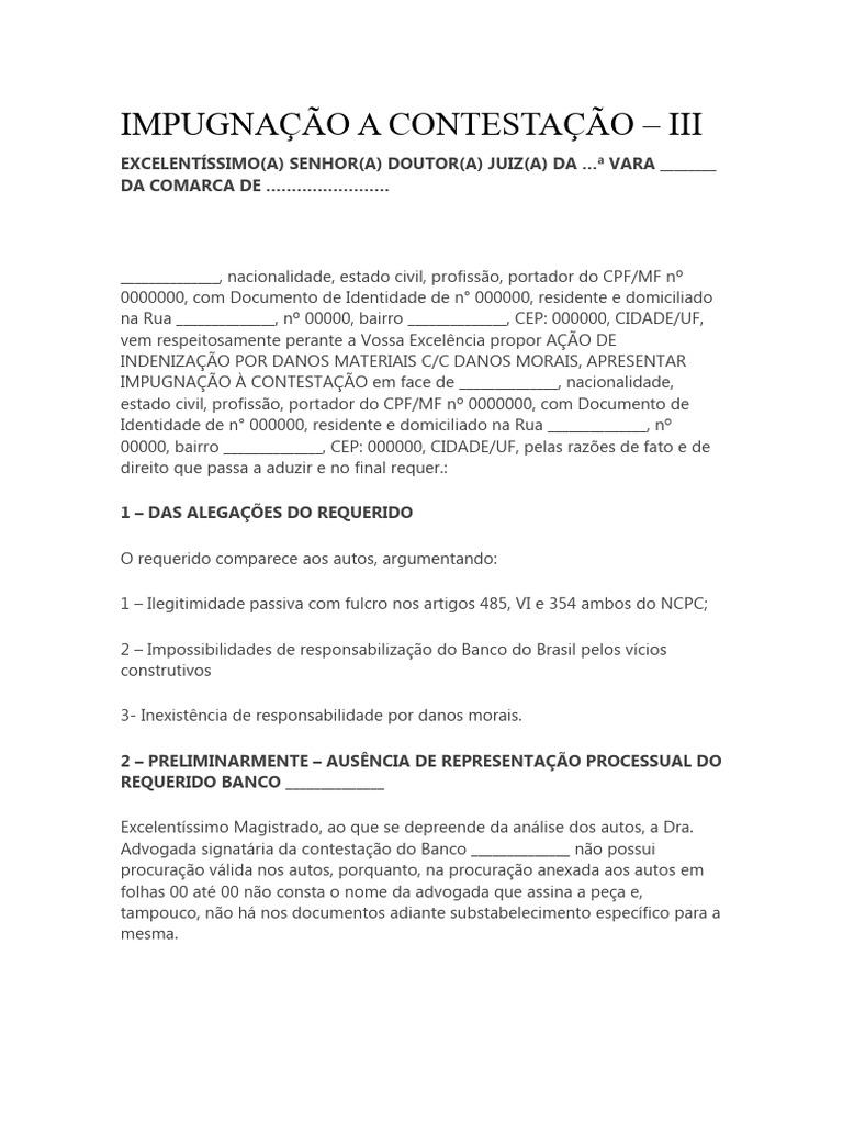 Impugnação à Contestação em Indenização | PDF | Direito Público ...