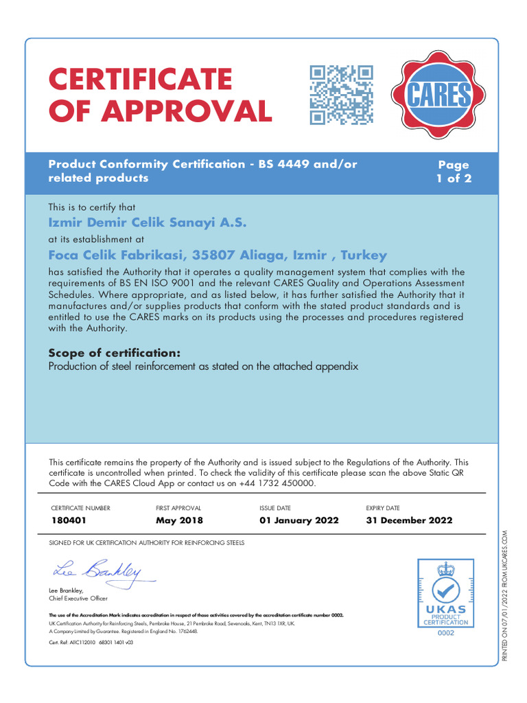 Certificate of Approval: Izmir Demir Celik Sanayi A.S. Foca Celik ...