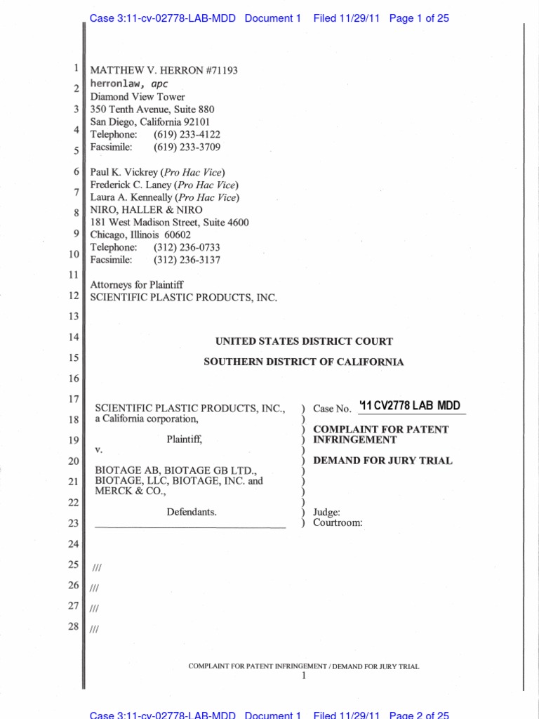Scientific Plastic Products v. Biotage AB Et. Al. PDF Complaint Chromatography