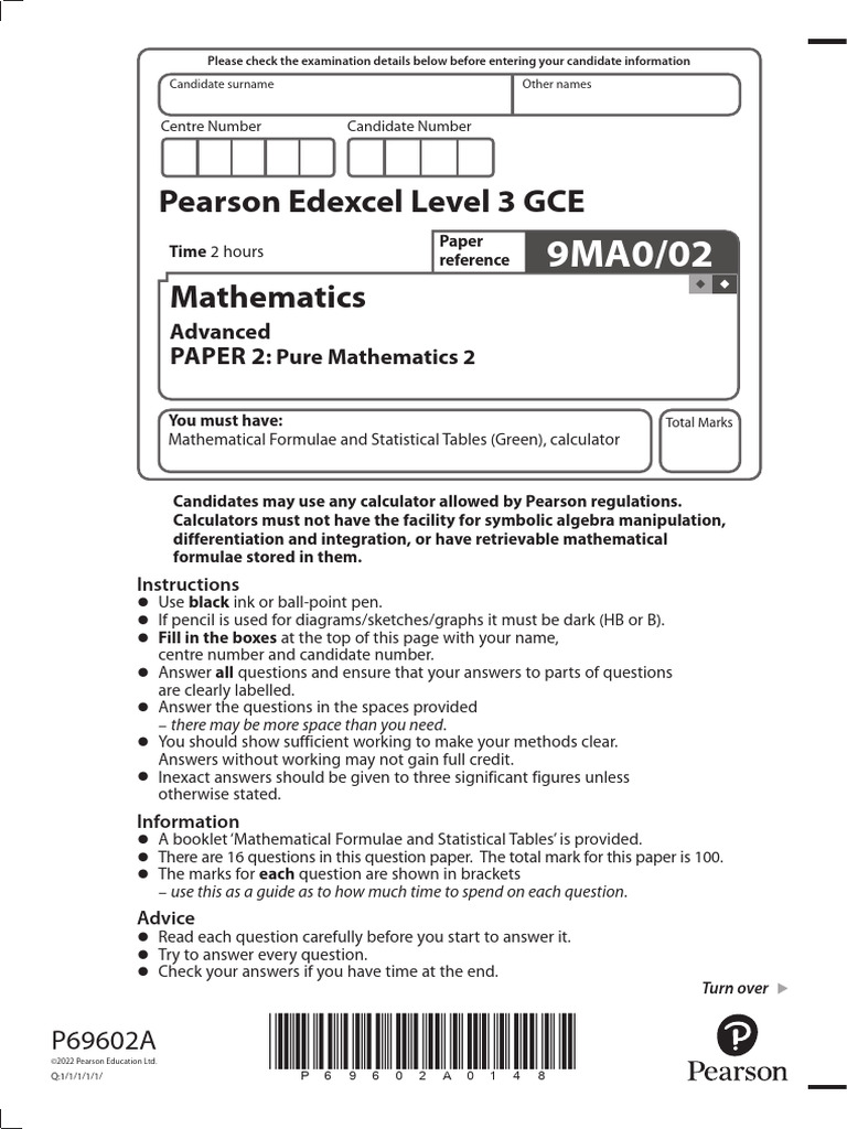 Edexcel A Level Maths Paper 2 June 2022 | PDF | Mathematics ...
