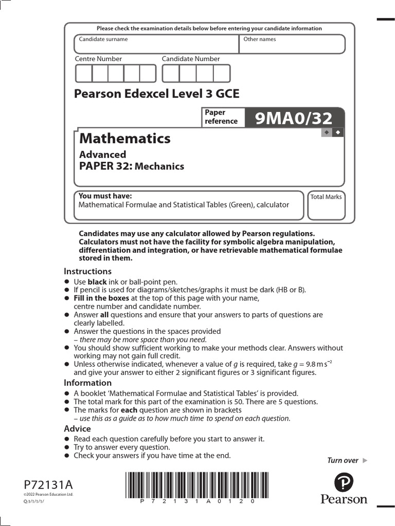 Edexcel A Level Maths Paper 2 2022 | PDF | Force | Mathematics