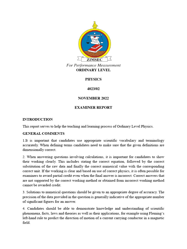 2022 O Level Physics Examiner Report | PDF | Transformer | Waves