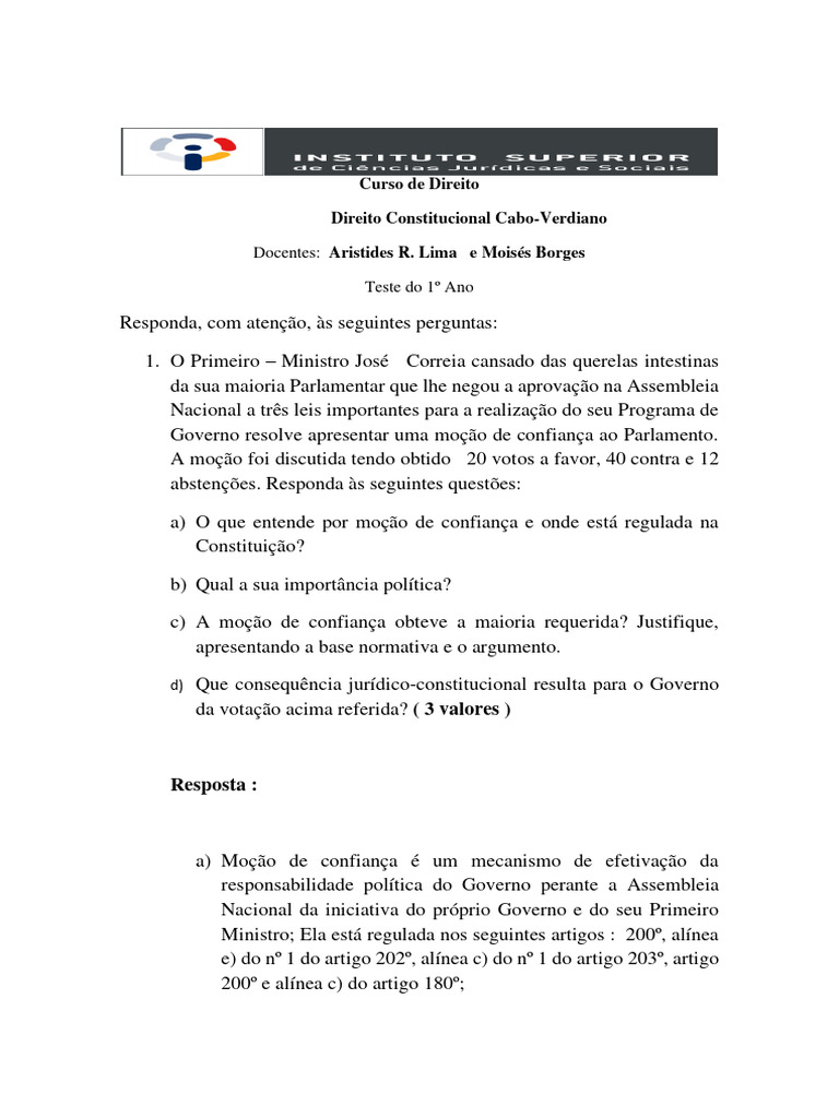 Grelha Do 2Âº Teste DCCV 2023 | PDF | Constituição | República