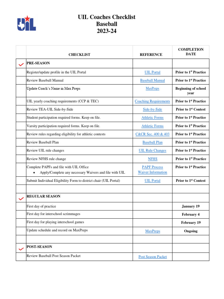 Baseball Coaches Checklist | PDF | Sports