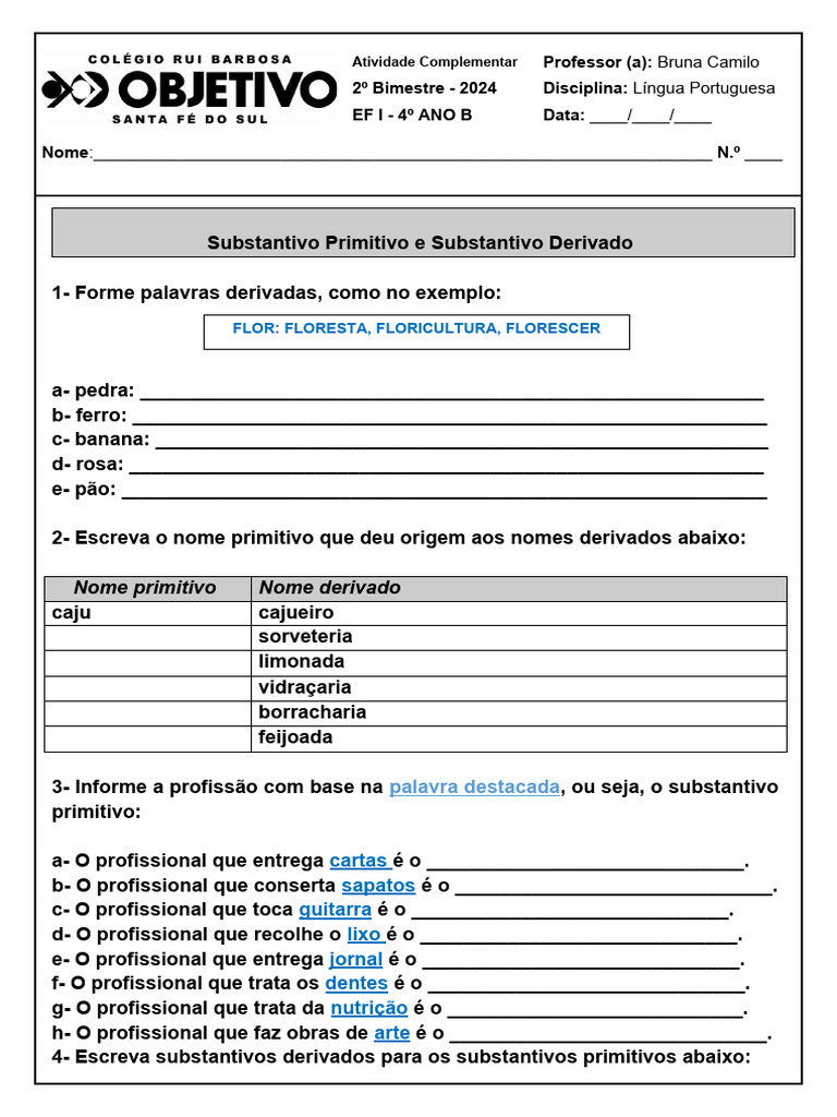 Atividades: Substantivos Primitivos e Derivados | PDF