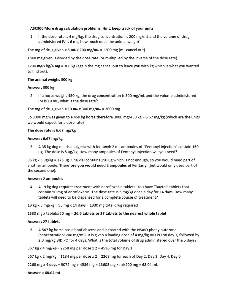 Drug Calculation Problems for Animals | PDF | Clinical Medicine ...