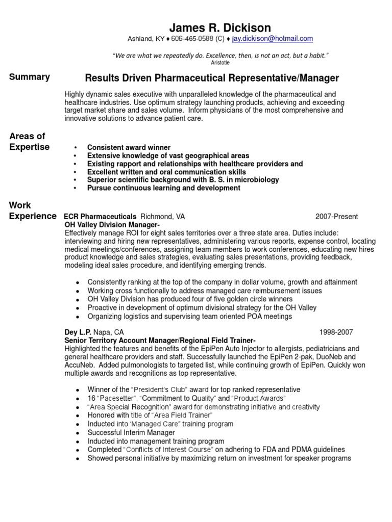 Pharmaceutical Medical Sales Manager in Ashland KY Resume James ...