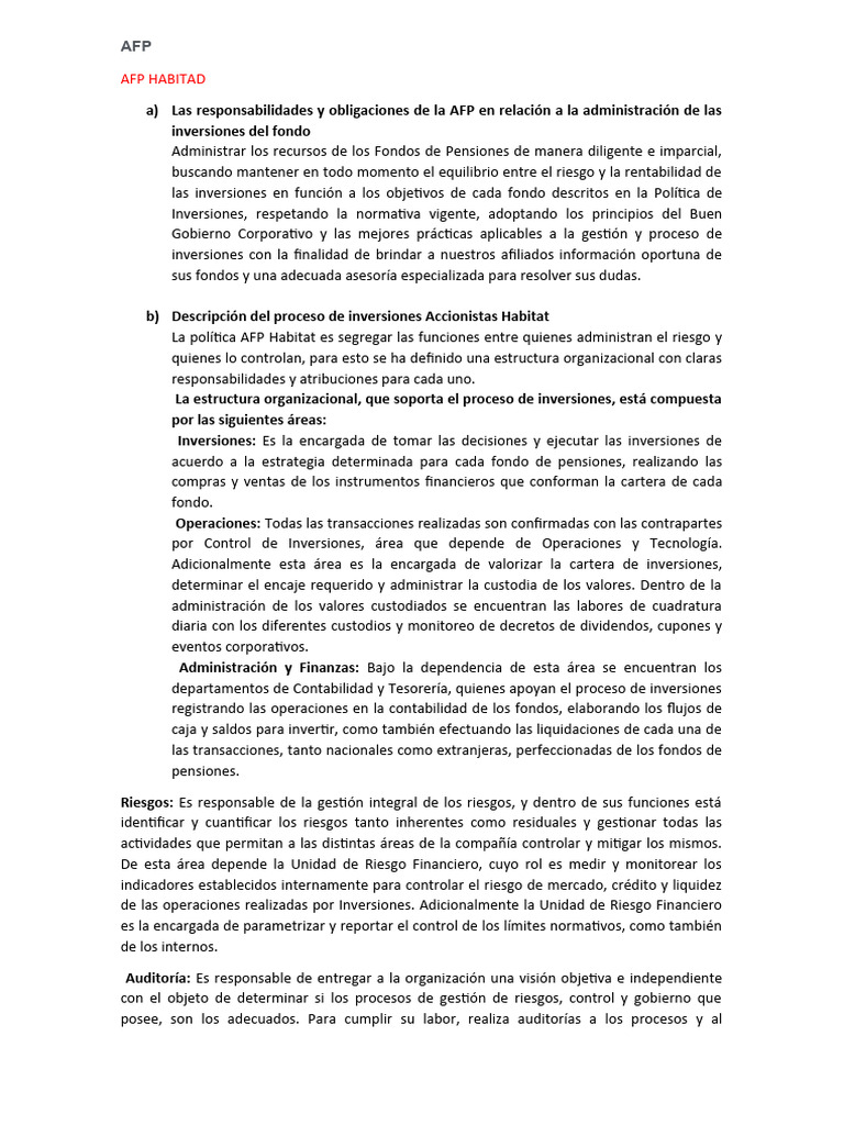Afp Habitad | PDF | Inversiones | Pensión
