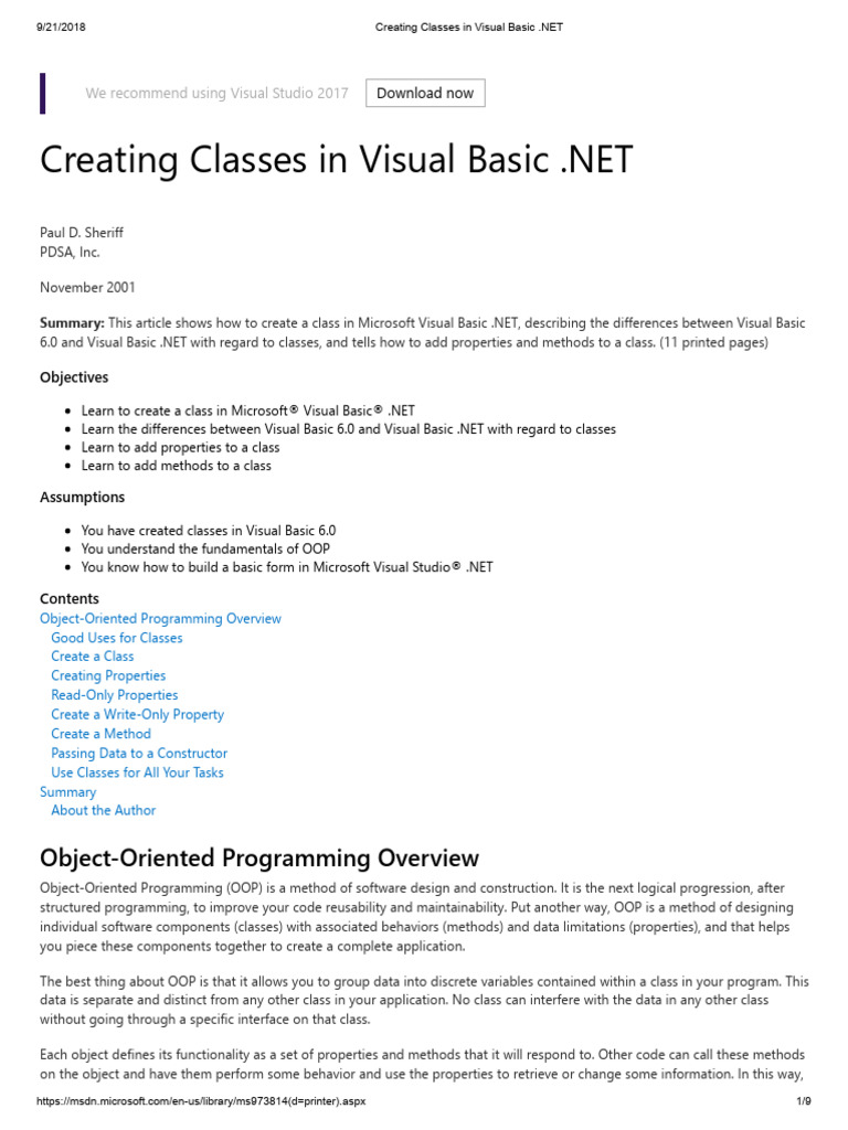 Creating Classes in Visual Basic .NET | Download Free PDF | Method ...