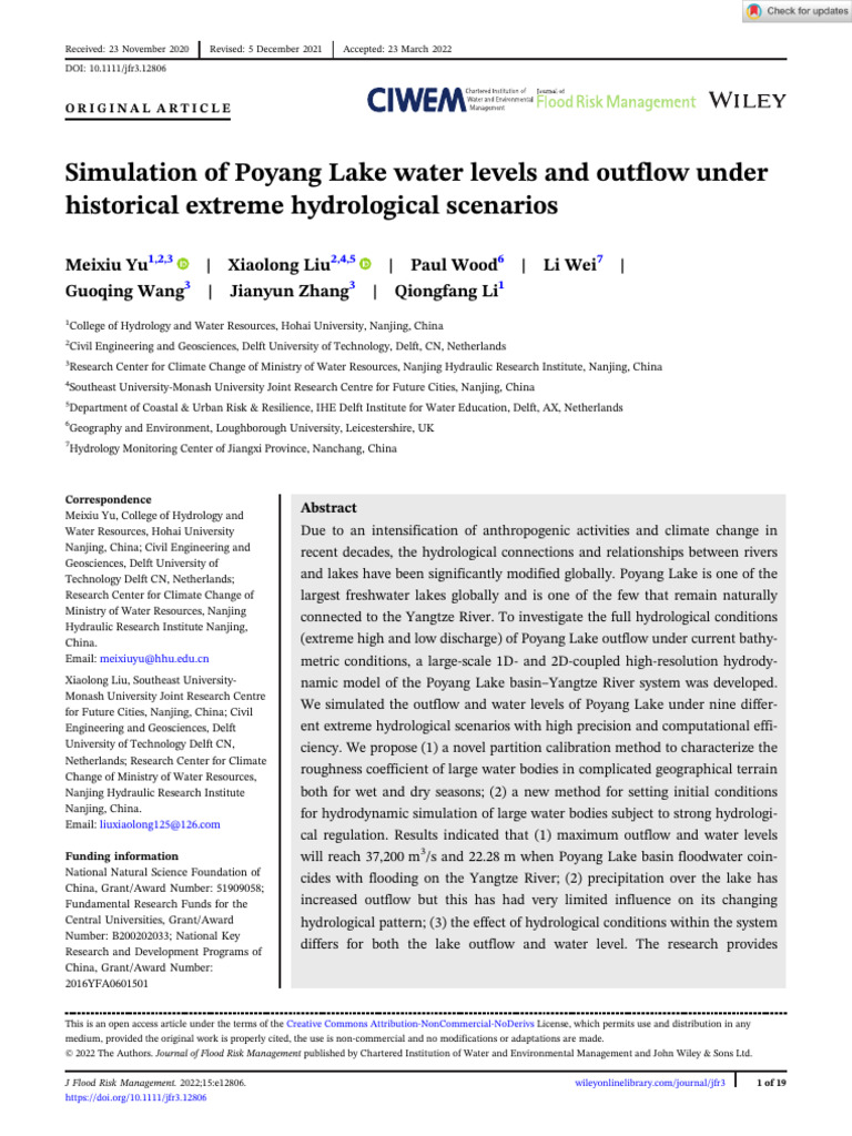 J Flood Risk Management - 2022 - Yu - Simulation of Poyang Lake Water ...