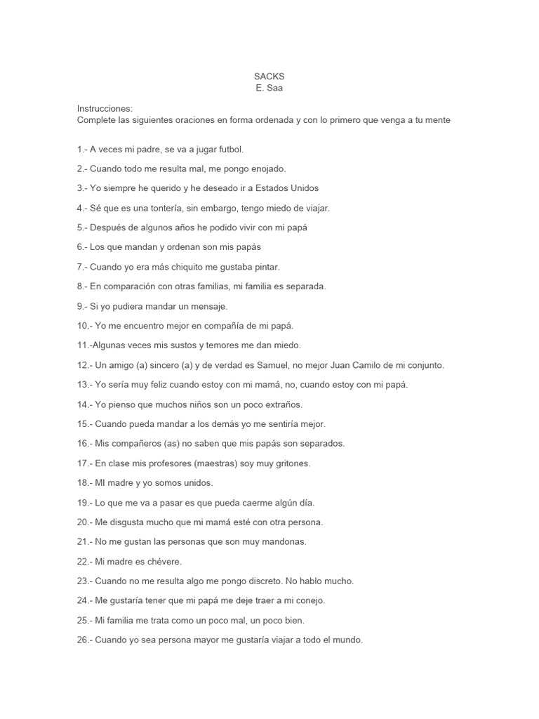 Test de Sacks Niños Lleno | PDF