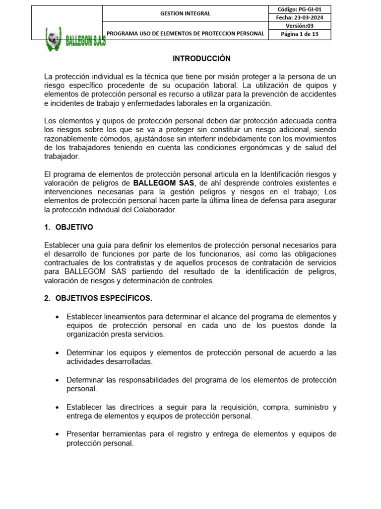 PG-GI-01 Programa Uso EPP | PDF | Riesgo | Valores