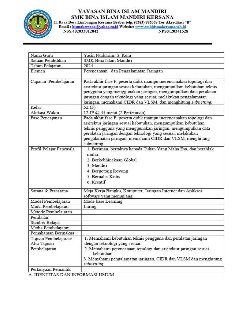 Modul Ajar Perencanaan Dan Pengalamatan Jaringan Pdf