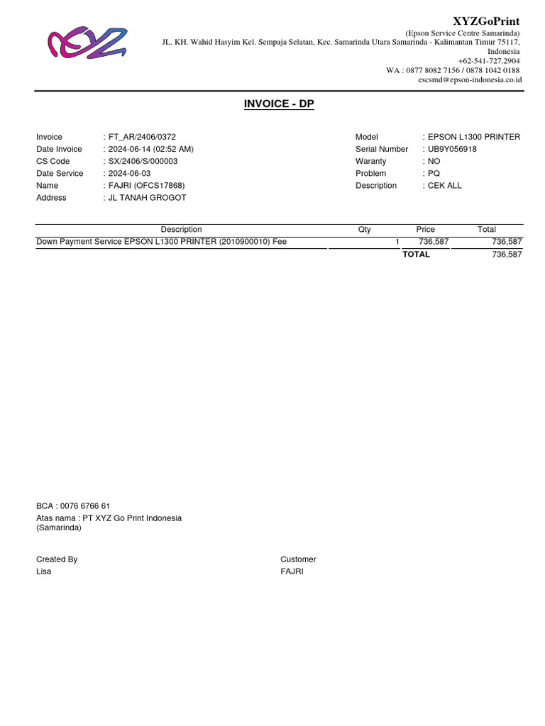Epson L1300 Printer Service Invoice | PDF