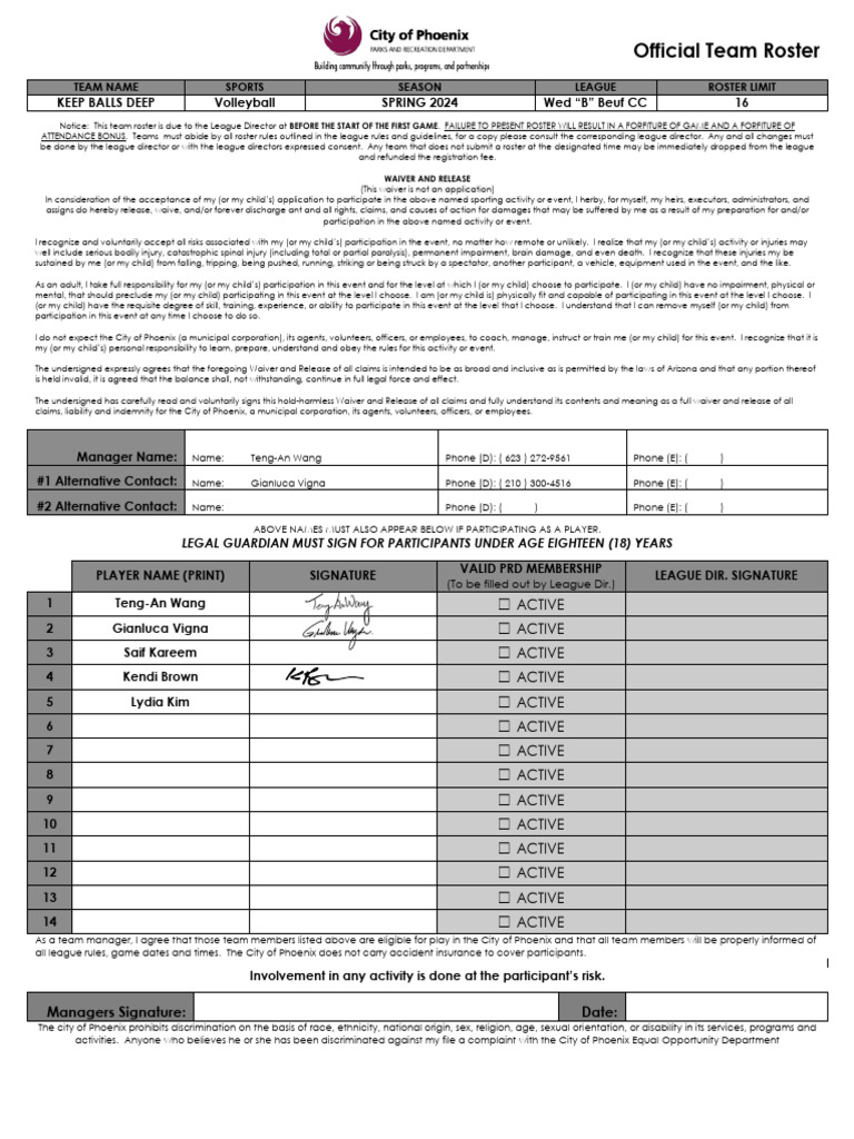 Spring 2024 Volleyball Team Roster | PDF | Indemnity | Justice