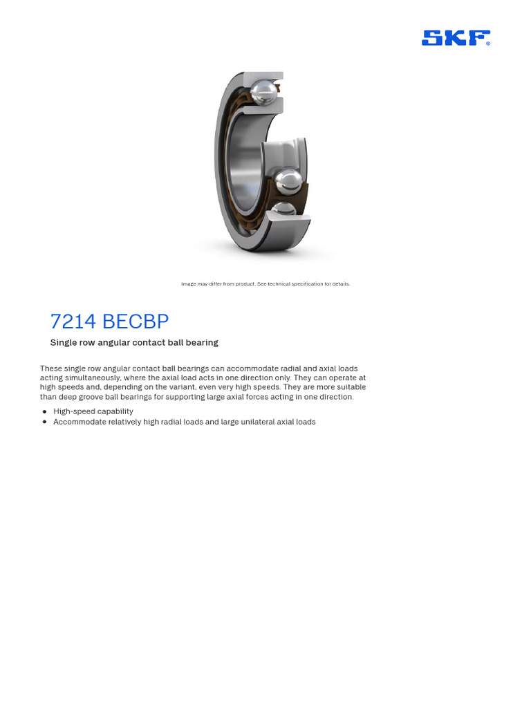 7214 BECBP - Angular Contact Ball Bearings - SKF | PDF | Bearing ...
