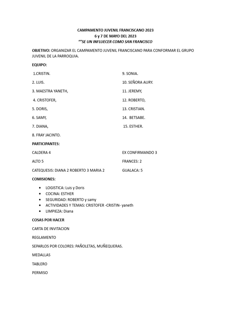 Campamento Juvenil Franciscano 2023 | PDF | Ciencias sociales | Hogar ...