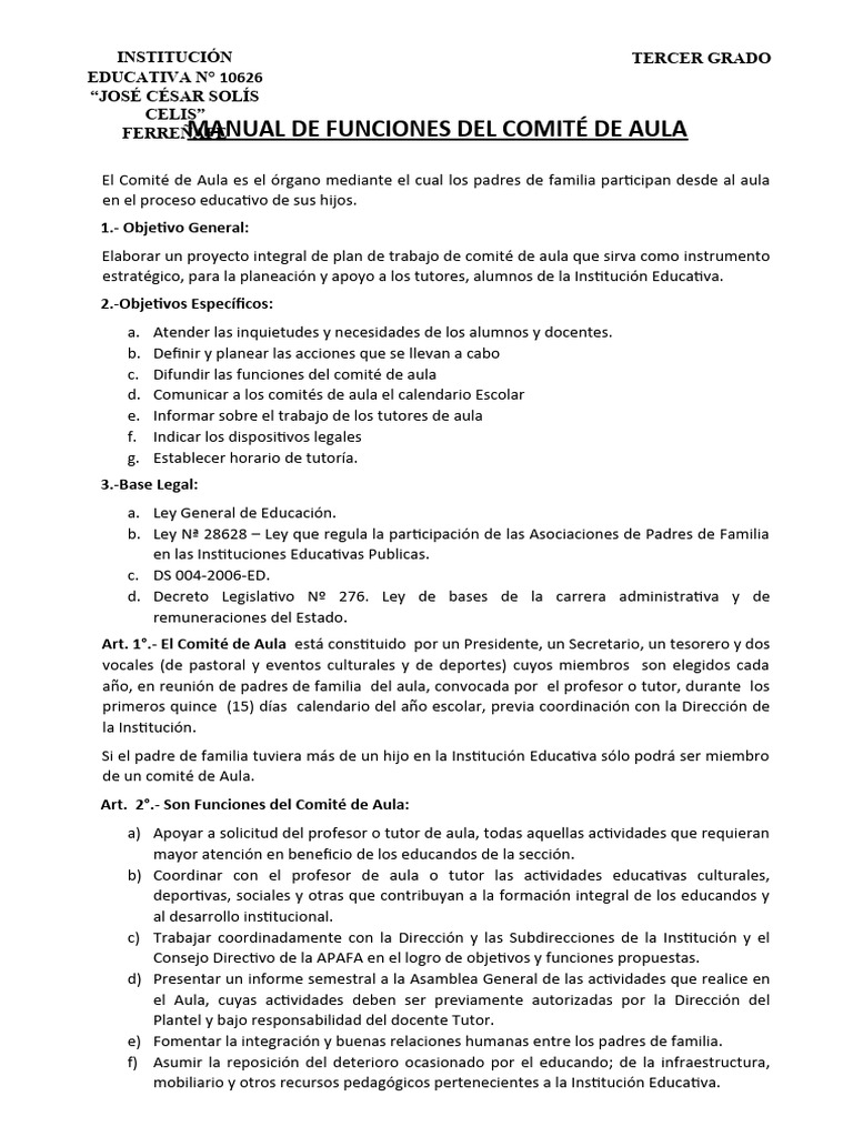 Funciones del Comité de Aula Escolar | PDF | Salón de clases | Maestros