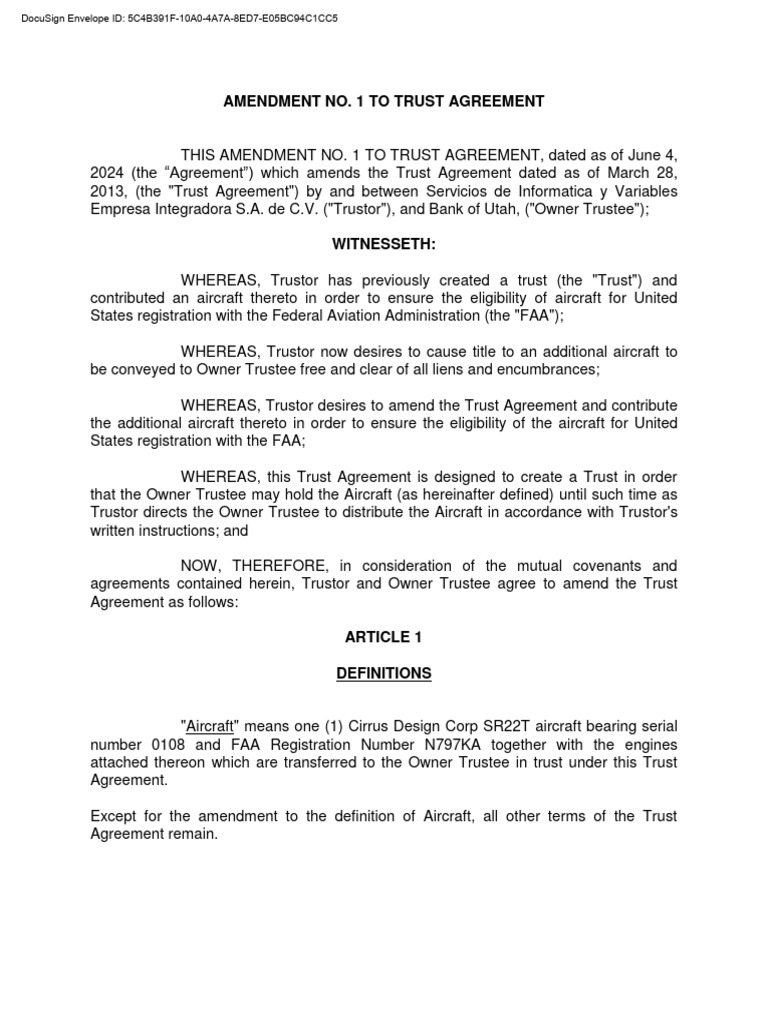 Trust Agreement Amendment for Aircraft | PDF | Property Law | Legal ...
